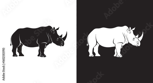 A stylized rhinoceros silhouette, presented in both black and white, against contrasting backgrounds.