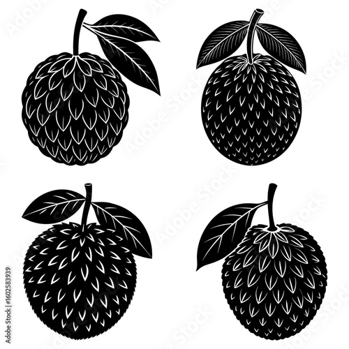 Four black and white sugar apples with leaves in an illustrative vector design format on a white background