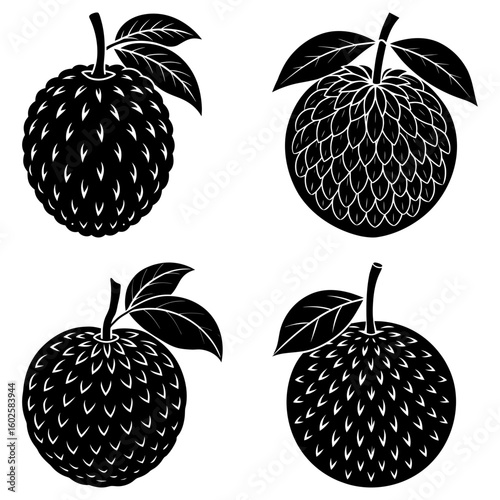 Illustration of four black and white sugar apples with leaves on a white background design element