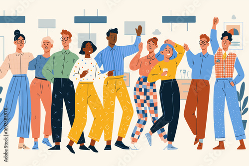 Office Party: Vector illustration of diverse colleagues celebrating in the office. Corporate culture, teamwork, fun, friendship, event, celebration. Happy, inclusive.
