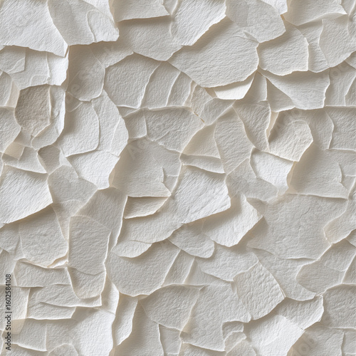 Seamless white flake texture. High-resolution seamless pattern of overlapping white flakes with rough, layered surface details for backgrounds or design use