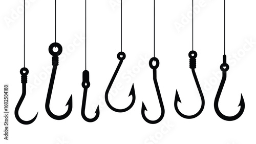 Various fishing hooks hanging in a row on white background