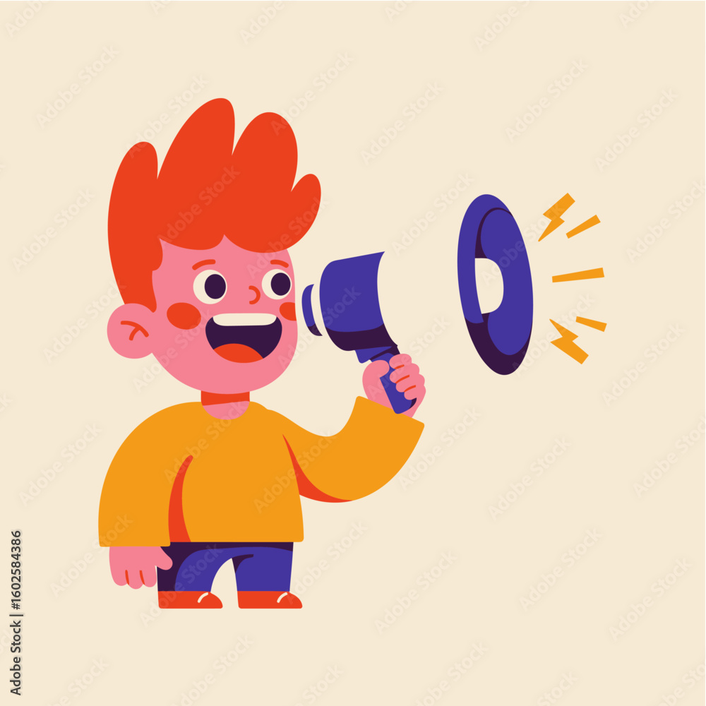 Red-haired kid yelling through megaphone with dramatic expression in cartoon illustration Red-haired kid yelling through megaphone with dramatic expression in cartoon illustration