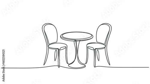 Continuous Line Drawing of Table and Chairs for Cafe or Bistro