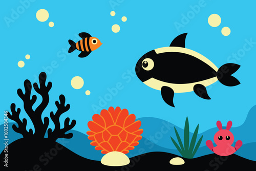 Vector art of a whimsical underwater scene featuring a friendly killer whale a clownfish coral and a small pink creature