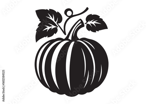 pumpkin with leaves logo silhouette vector, halloween pumpkin with leaves logo silhouette, silhouette of black pumpkin, autumn pumpkin logo silhouettes vector on white background 