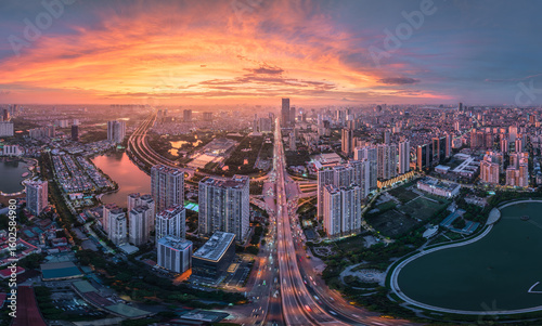 Aerial view of Hanoi cityscape at sunset. Urban landscape background