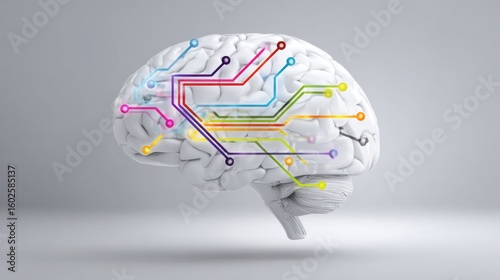 Conceptual drawing of brain with differently connected wires and colorful paths, representing neurodivergent perception