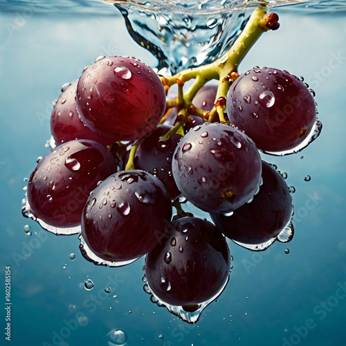 Red grapes splashing into water with droplets water splash fruit
