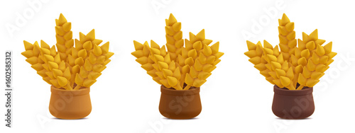 3D vector design of wheat bouquets arranged in rustic earth-colored pots in 3 different shades of brown. Drop shadows are located in a separate layer. Perfect for harvest-themed projects, isolated.