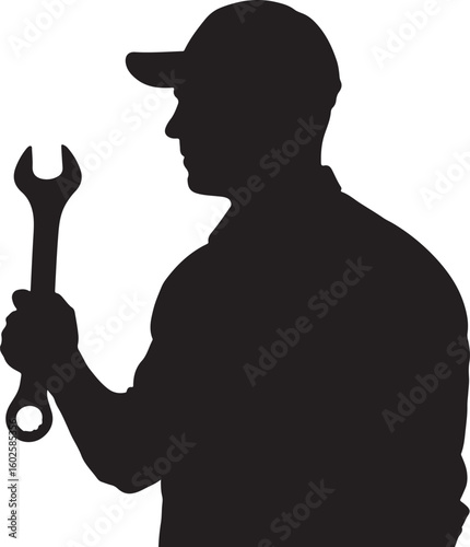 Black silhouette of a man wearing a cap holding a wrench worker mechanic