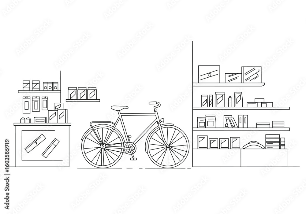 Fototapeta premium Bike shop drawing. It is a black and white outline image of a bike shop, depicting a store selling bicycles and cycling accessories. Vector sketch line art draw.