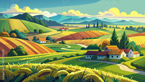 very Beautiful panorama of rural landscape. Field yellow and green in summer.