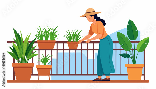 A woman in a straw hat and casual attire tending to her lush green potted plants on a balcony railing.