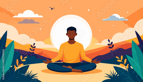 Serene Black man in a yellow shirt meditating in a cross-legged lotus pose with closed eyes.