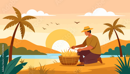 Man in a yellow hat and brown clothes kneeling while harvesting grain into a wicker basket.