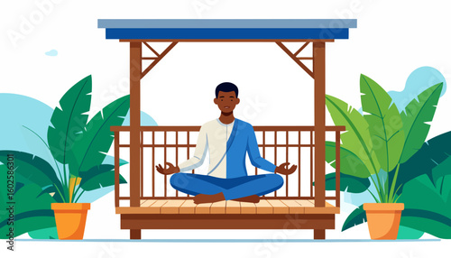 Serene man in a two-tone blue and white outfit meditating in a wooden gazebo.