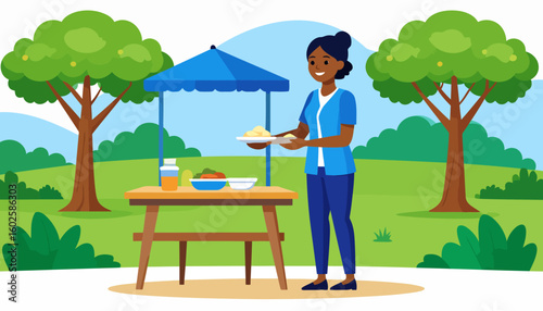 Cheerful woman in blue attire serving food at an outdoor picnic.
