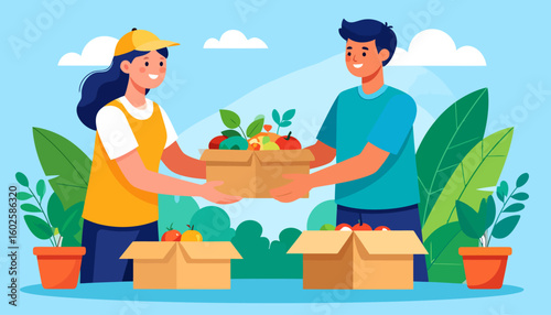 A smiling female volunteer gives a man a cardboard box filled with fresh fruits and vegetables.