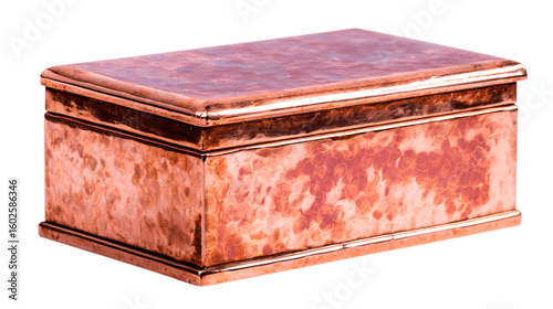 A hand-polished copper keepsake box with embedded subtle illumination, white background --ar 16:9