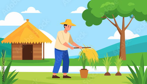 Illustration of an Asian farmer in a yellow hat and blue pants, threshing rice stalks with a wooden stick.