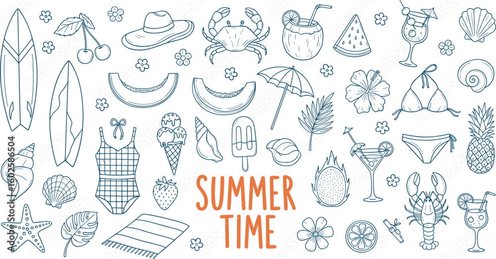 Fototapeta premium Summer vacation doodle illustration set. Beach and sea travel elements