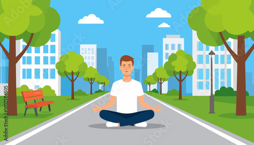 Calm man with closed eyes meditating in a lotus pose, wearing a white t-shirt and blue pants.