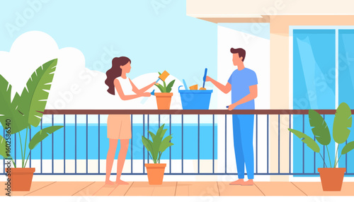 A young couple in casual wear gardening together on a sunny balcony, tending to potted plants with small tools.