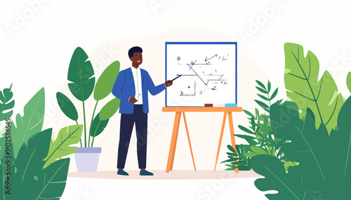 Smiling African American man in a blue blazer presenting at a whiteboard with diagrams.