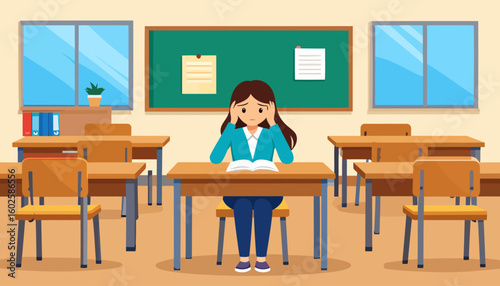 Stressed female student with brown hair, holding her head in frustration while studying at her desk.