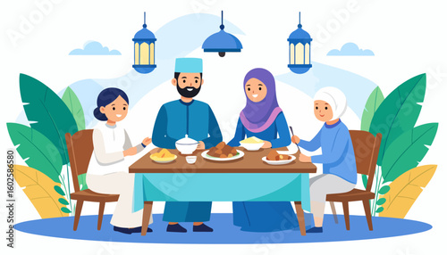 Smiling Muslim family in hijab and kufi celebrating Ramadan or Eid by sharing a festive meal.