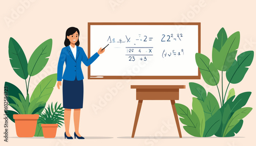 Professional female teacher in a blue suit pointing at a whiteboard with a pointer, explaining a lesson.
