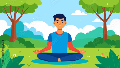 A serene young man with closed eyes meditating in a lotus pose, wearing colorful athletic clothing.