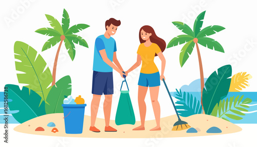 Smiling young couple in summer clothes cleaning a beach together with a trash bag and broom.