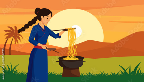 Young woman with braided hair in a blue traditional dress cooking noodles with chopsticks from a pot.