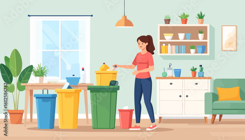 Cartoon woman in a red shirt and jeans sorting household waste into colorful recycling bins.