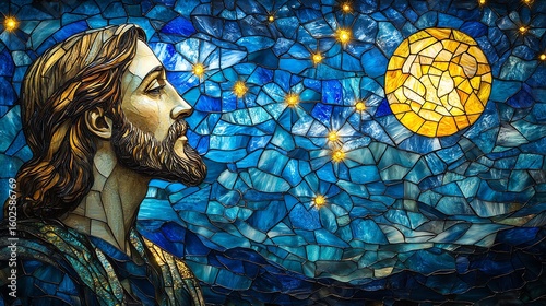 A stained glass-style depiction of Jesus illuminated by a glowing sun, set against a star-filled sky. A serene and powerful religious image, ideal for Christian art, prints, and sacred settings