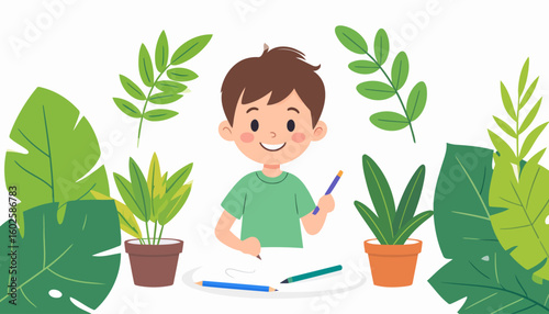 Cheerful cartoon boy with brown hair and a green t-shirt, happily drawing with colored pencils.