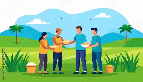 A group of four diverse people in casual attire sharing bowls of food in a community setting, depicted in a flat vector art style.