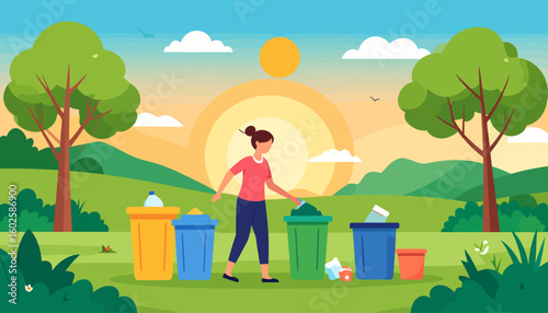 A woman in a pink shirt and blue pants sorts trash into colorful recycling bins for waste separation.