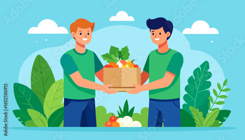 Two friendly volunteers holding a donation box filled with fresh organic food.