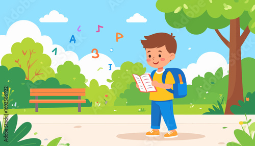 Happy cartoon schoolboy with a backpack standing and reading an open book.