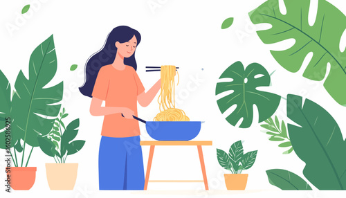 A content woman with dark hair cooking noodles in a blue pan, lifting them with chopsticks.