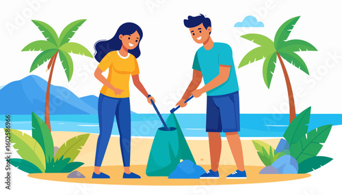 Happy young couple volunteering, cleaning a tropical beach together with grabber tools and a trash bag.