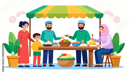 Smiling Muslim family and vendors sharing food at a colorful market stall