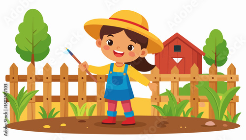 Cheerful cartoon girl in farmer's attire, with a yellow hat, blue overalls, and red boots, holding a garden hoe.