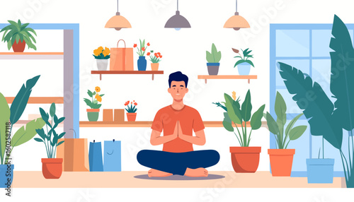 A calm young man in a lotus pose meditating peacefully at home, surrounded by lush green indoor plants.