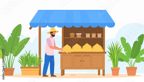 A bearded farmer in a yellow hat arranging hay on a wooden stall with a blue awning, surrounded by potted plants.