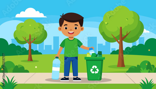 Happy cartoon boy in a green shirt recycling plastic bottles into a green bin.