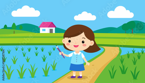 Joyful cartoon schoolgirl with brown hair and a blue uniform holding a purple pencil.